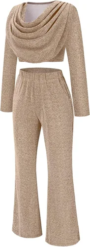 Miniatura 4 de Annystore Conjunto casual de 2 piezas para mujer, de manga larga, fruncido, brillante, bodycon y pantalones acampanados de cintura alta, conjunto