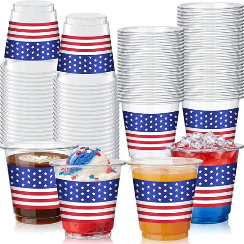 Qinyoung 50 vasos de plástico desechables de 3 onzas para el 4 de julio, con bandera estadounidense, para el Día de la Independencia, fiesta