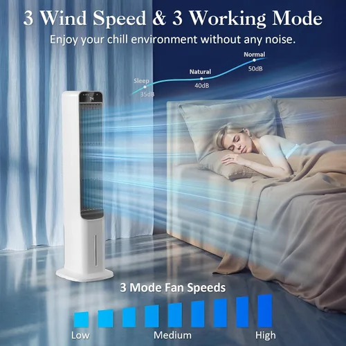 Miniatura 3 de Enfriador de aire evaporativo portátil, ventilador de torre de enfriamiento de pantano 2 en 1 con control remoto, 4 paquetes de hielo, oscilación