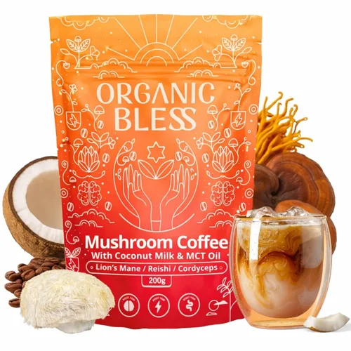 Organic Bless Café instantáneo de hongos con melena de león, reishi y cordyceps – Leche de coco y aceite MCT para una energía suave y concentración