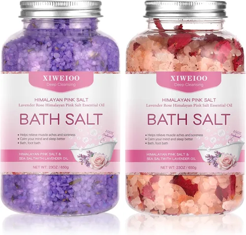 Kit de sales de baño, sal rosa del Himalaya, 46 onzas, paquete de 2 aceites esenciales de sal de Epsom natural y lavanda, relaja y duerme mejor para