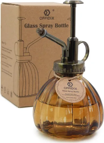 Miniatura 14 de OFFIDIX Botella rociadora de vidrio transparente, 6.3 pulgadas de alto, estilo vintage con bomba superior de plástico de bronce, regadera de vidrio