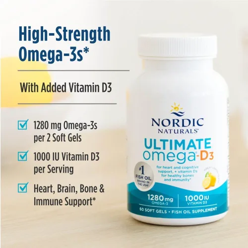 Miniatura 3 de Nordic Naturals Ultimate Omega-D3, sabor a limón, 90 geles blandos, 1280 mg de omega-3 + 1000 UI de vitamina D3, EPA y DHA, promueve la salud