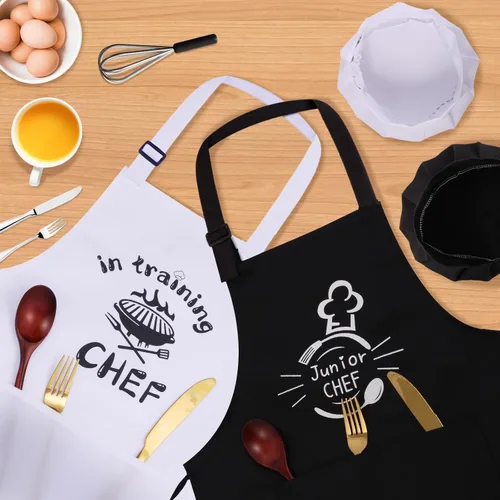 Miniatura 2 de Juego de 4 delantales y sombreros de chef, delantal ajustable impermeable para niños, delantal de entrenamiento divertido para niñas y niños