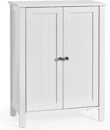 Miniatura 10 de Tangkula Armario de suelo de baño, con puerta doble y estante ajustable, gabinete de almacenamiento de baño de madera de 3 niveles para oficina