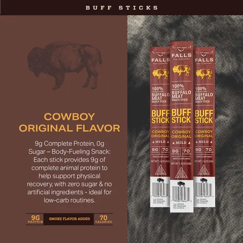 Miniatura 2 de Falls Family Ranches - Buff Sticks Cowboy Original (caja de cartón) - Suave - 0.32 oz de proteína - 0.00 oz de azúcar - 70 calorías - Paquete de 12