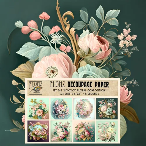 Paquete de papel para decoupage (24 hojas 15cmx15cm) Composición floral rococó # Papel con patrón vintage para decoupage, manualidades y álbumes de