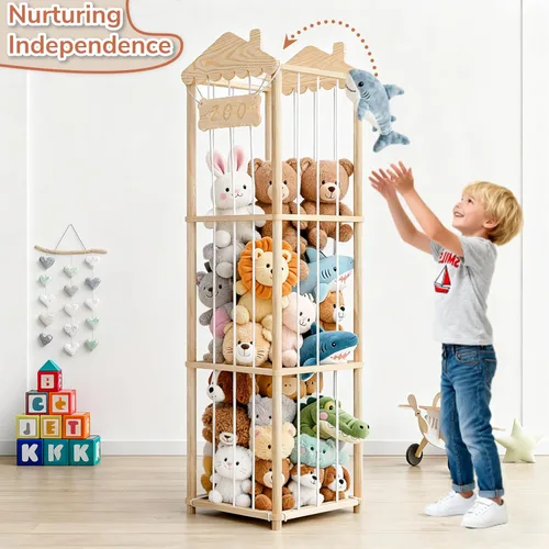 Miniatura 6 de AMBIRD Almacenamiento de animales de peluche, soporte de madera para zoológico, organizadores de juguetes grandes para niños, almacenamiento