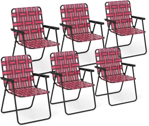 Giantex Juego de 6 sillas de playa, sillas plegables para patio para adultos, sillas de cincha al aire libre con marco de acero, sillas de camping