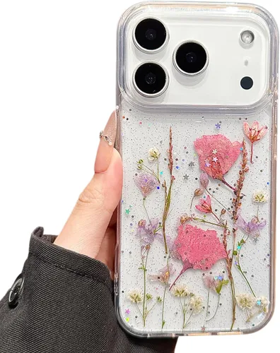 Miniatura 9 de Funda floral para iPhone 17 con flores reales prensadas, bonito diseño de flores secas prensadas transparentes con purpurina para mujer, suave TPU