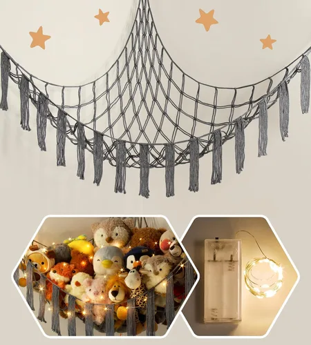 Miniatura 17 de RelaxScene Hamaca esquinera de animales de peluche con luz LED, hamaca de almacenamiento de juguetes, red de peluche grande, organizador colgante