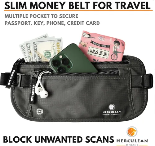 Miniatura 2 de HERCULEAN - Cinturón de viaje para dinero, delgado soporte para pasaporte, bolsa de viaje con bloqueo RFID para proteger el efectivo, tarjetas