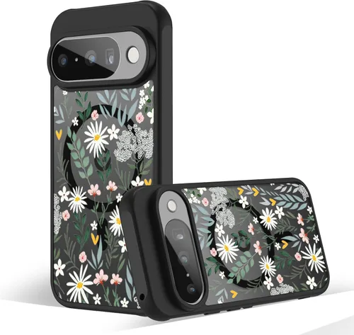 Miniatura 29 de Funda magnética para Google Pixel 10A [Compatible con MagSafe] Funda con patrón floral de flores negras para mujeres y niñas, con borde de TPU Rama