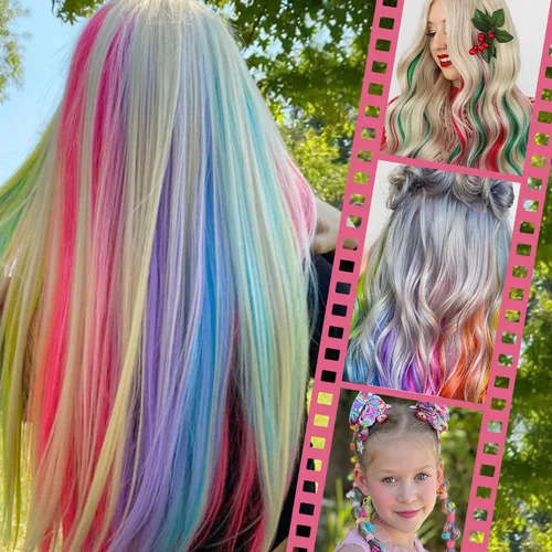Miniatura 6 de Wennalife 12 piezas de extensiones de cabello azul con clip, extensiones de cabello con clip de colores para niños, pinzas de cabello arcoíris
