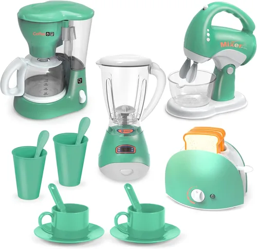 Yalujumb Juego de juguetes de cocina, juego de electrodomésticos de cocina con cafetera, mezclador, tostadora con luces y sonidos realistas, regalo