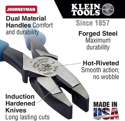 Miniatura 2 de Klein Tools J213-9NE Pinzas de corte lateral para electricistas, fabricadas en EE. UU., alto grado de palanca, 9 pulgadas, diseño aerodinámico