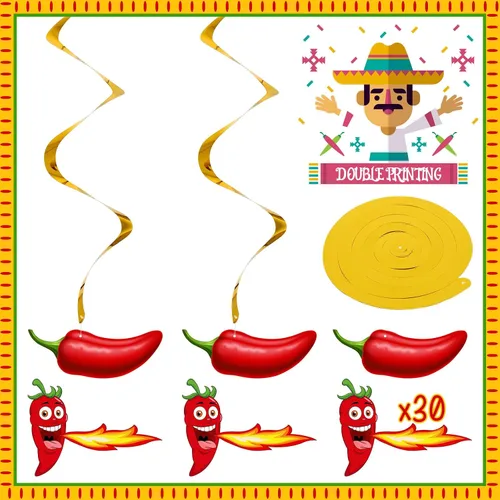 Miniatura 3 de 30 piezas de remolinos de chile del Cinco de Mayo, decoraciones de pimienta para fiesta, México, espirales colgantes para fiesta, accesorios de Rojo