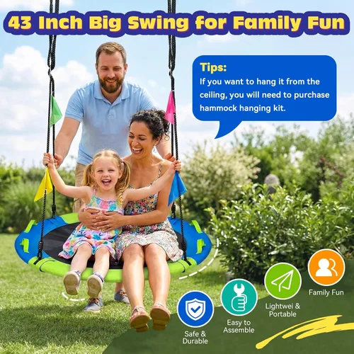 Miniatura 7 de HeyZoo Columpio de árbol de 43 pulgadas, conjunto de columpios de platillo con capacidad de peso de 900 libras para niños, viene con giro de 360