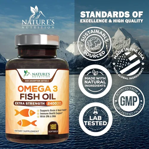 Miniatura 4 de Suplementos de aceite de pescado Omega 3 – 2400 mg de aceite de pescado por porción – Omega-3 de triple fuerza con ácidos grasos EPA y DHA – Apoyo