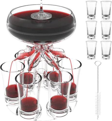 ALEVMOOM Dispensador y soporte para 6 vasos de chupito, dispensadores para llenar líquidos, dispensador de licor acrílico sin contacto para bebidas