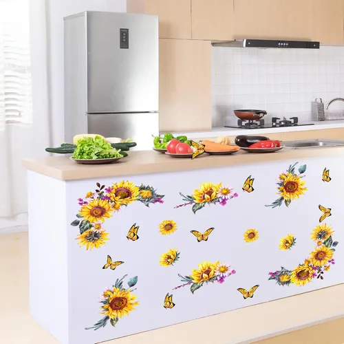 Miniatura 3 de Calcomanías de pared de girasol de acuarela, creativas calcomanías de pared de flores amarillas 3D, calcomanías de mariposa de sol para despegar