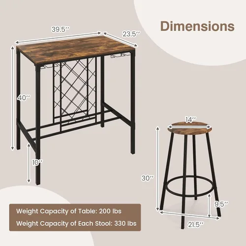 Miniatura 7 de COSTWAY Juego de comedor de 5 piezas de altura de barra, mesa y taburetes para 4 personas con estantes para vino y soportes para vidrio, juego