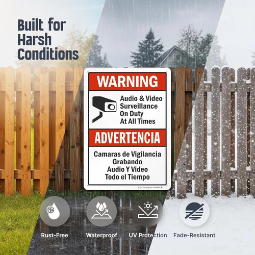 Miniatura 2 de SmartSign-S-9392-AL-14 Advertencia - Vigilancia de Audio y Video En Servicio en Todo Momento Letrero Bilingüe 10" x 14" de Aluminio - Negro/Rojo