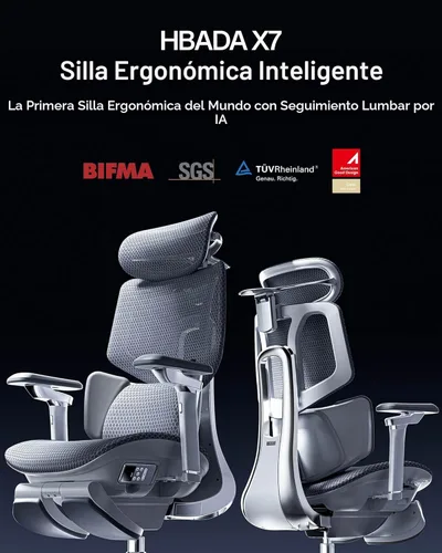 Miniatura 3 de Hbada X7 Silla ergonómica inteligente, sillas de oficina, seguimiento lumbar totalmente automatizado, reposacabezas ajustable 4D, reposabrazos Gris