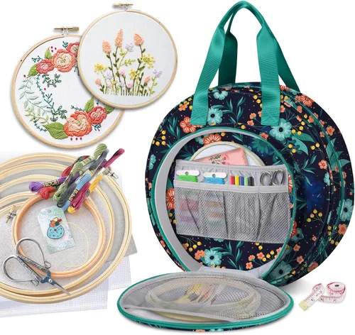 Miniatura 9 de FINPAC Bolsa para proyectos de bordado, suministros de bordado con múltiples bolsillos para hilo dental, aros, hilo, kit de herramientas de costura