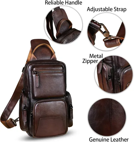 Miniatura 6 de IVTG Bolso de hombro de cuero genuino, mochila de viaje, mochila de senderismo, mochila casual, bolso de pecho vintage hecho a mano, mochila