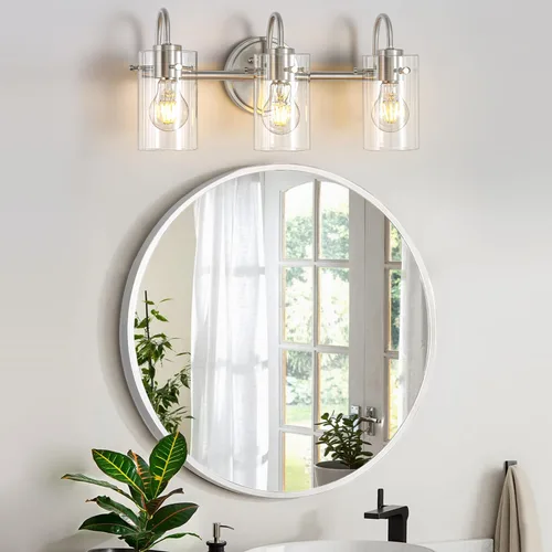 Miniatura 4 de Lámpara de tocador de 3 luces, apliques de pared de baño de níquel cepillado, lámpara de pared moderna con pantalla de vidrio transparente, lámpara