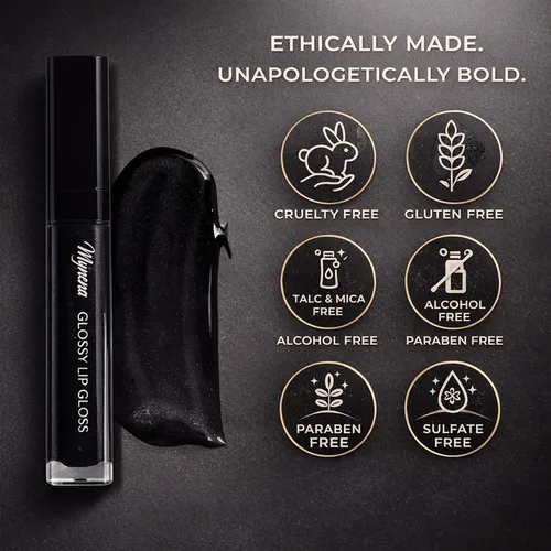 Miniatura 5 de Mynena Brillo de labios negro brillante – Lápiz labial líquido hidratante no pegajoso Fórmula ligera de alto brillo para labios suaves y jugosos