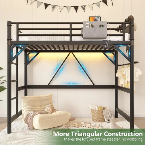 Miniatura 6 de Cama tipo loft de tamaño individual con luces LED y estación de carga, marco de cama industrial de metal resistente con escalera y barandilla