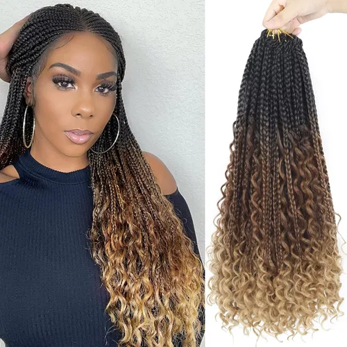 Miniatura 76 de Goddess Box Braids - Trenzas de cabello a ganchillo con extremos rizados, trenzas de caja bohemianas de 16 pulgadas, trenzas de ganchillo, 8 1B-4-30