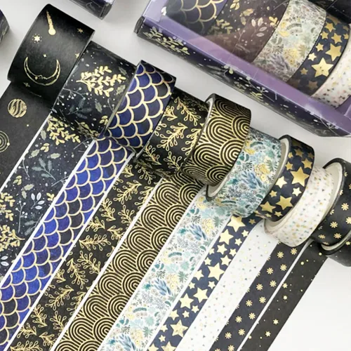 Miniatura 7 de Juego de cintas washi creativas 10 rollos de papel de aluminio dorado con estampado decorativo para manualidades, bricolaje, diarios, Mashup negro