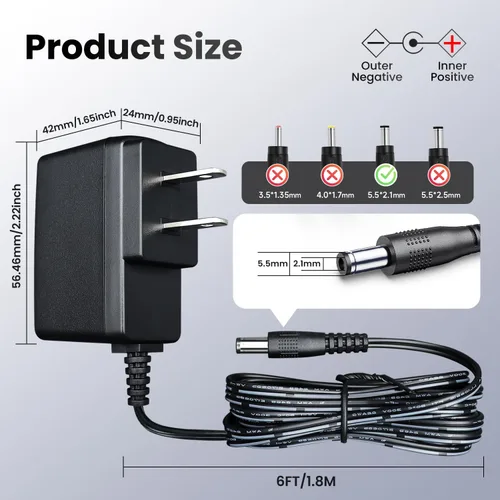 Miniatura 6 de Adaptador de fuente de alimentación de 5 V, 1 A, 1000 mA, 6 pies, enchufe de pared horizontal, adaptador de conmutación de 5 W 0.5A 0.8A AC/DC