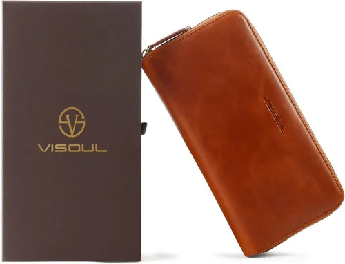 Miniatura 33 de VISOUL Cartera larga de cuero con cremallera para hombres y mujeres con bloqueo RFID, cartera larga de embrague grande con cremallera, Negro