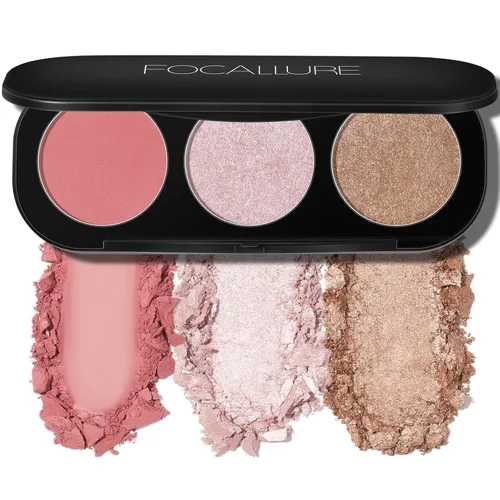 FOCALLURE Paleta de Rubor e Iluminador, Polvo de Maquillaje 3 en 1, Mate Sin Crueldad, Iluminador con Destello para un Aspecto Radiante, #03