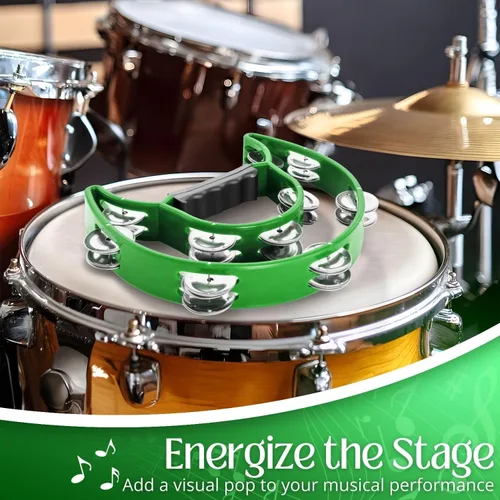 Miniatura 5 de Flexzion - Pandereta de metal en forma de media luna con sonajas de doble fila, instrumentos de percusión de mano con mango ergonómico, panderetas
