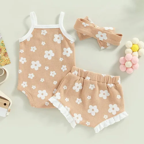 Miniatura 4 de Mubineo Conjunto de 3 piezas para bebé niña, estilo bohemio, overol, pantalones cortos, diadema
