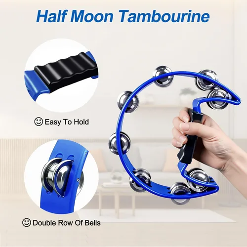 Miniatura 2 de 10 panderetas azules para adultos y niños, pandereta de media luna, palos de ritmo de madera, pandereta de campanas, campanas, muñequeras