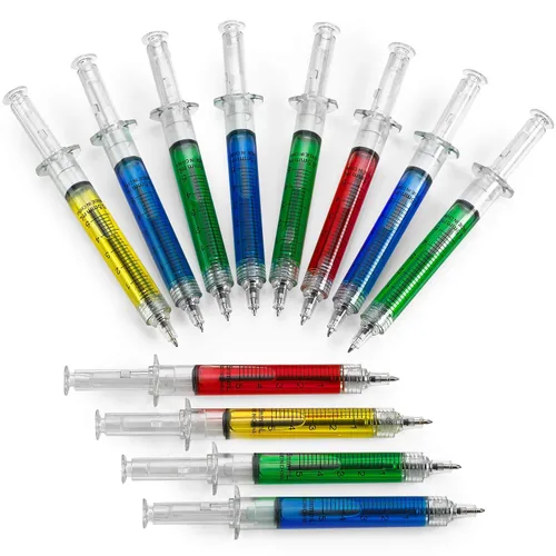 Kicko Bolígrafos de jeringa – Juego de 12 bolígrafos de jeringa multicolor – Escribe en tinta azul o negra para niños, niñas, juego imaginario de