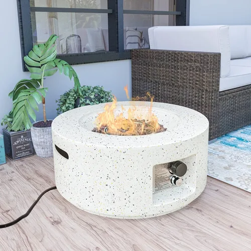 Miniatura 2 de HOMPUS Fogata de propano para exteriores, 40,000 BTU de 28 pulgadas, mesa redonda de hormigón de terrazo blanco con rocas de lava y cubierta