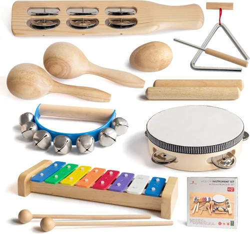 Juego de instrumentos musicales para niños pequeños, instrumentos de percusión de madera, juguetes musicales, xilófono, maracas, huevo, pandereta,