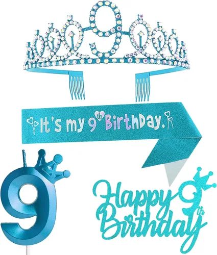 Miniatura 50 de Decoraciones de cumpleaños número 7 para niña, que incluyen corona/tiara de cumpleaños número 7, banda, adorno para pastel de cumpleaños y velas
