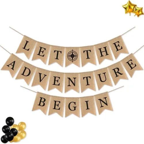 Miniatura 5 de SWYOUN Cartel de arpillera con texto en inglés «Let the Adventure Begin», suministros para fiestas temáticas de viaje, baby shower, graduación