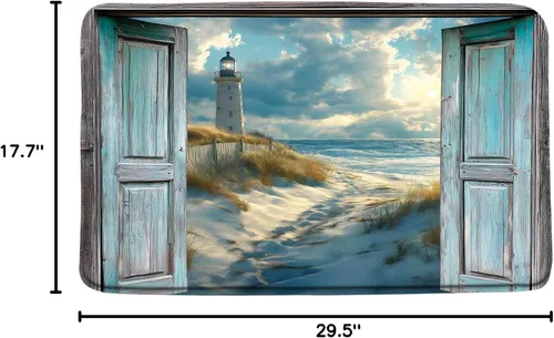 Miniatura 3 de Tapete de baño costero con diseño de playa y océano, estilo rústico, color verde azulado, puerta de granero hawaiana, puesta de sol, olas de mar