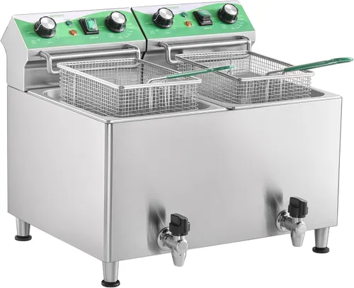 NUPANT Freidora comercial de 25.3 cuartos de galón / 24 litros con filtración de aceite y temporizador, freidora eléctrica con 2 cestas y tapas,