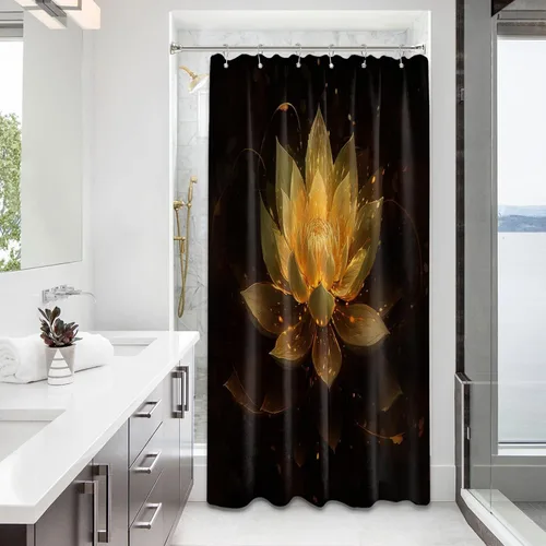 Miniatura 11 de Cortina de ducha con flores de loto negro y azul para decoración de baño, juego de cortinas decorativas de baño con estampado floral, tela