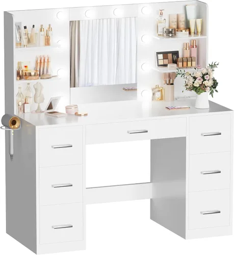 Miniatura 7 de Escritorio de maquillaje con espejo y 10 luces, mesa con 7 cajones y 4 estantes abiertos, 3 modos de color y brillo ajustable, estación de carga